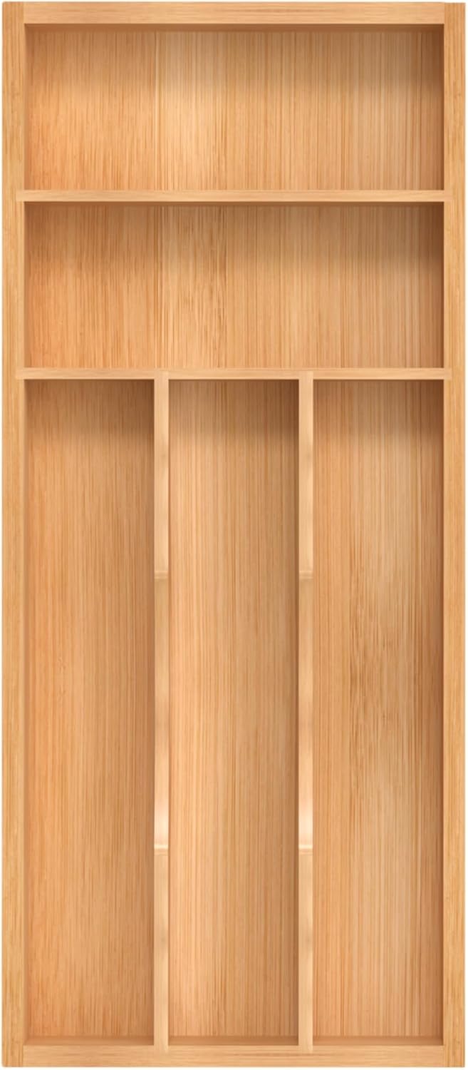 Small Silverware Organizer, Bamboo Kitchen Drawer Organizer, Utensil Holder, Cutlery Tray & Spoon Flatware Storage with Grooved Drawer Dividers (6.7''W x 12''D)
