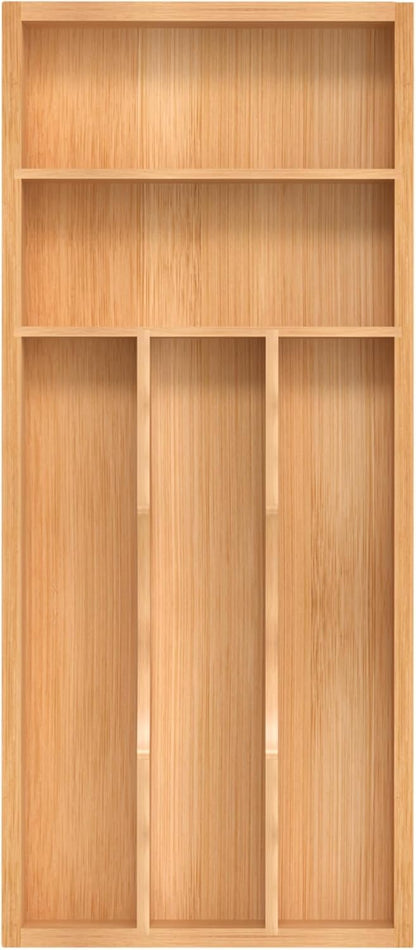 Small Silverware Organizer, Bamboo Kitchen Drawer Organizer, Utensil Holder, Cutlery Tray & Spoon Flatware Storage with Grooved Drawer Dividers (6.7''W x 12''D)