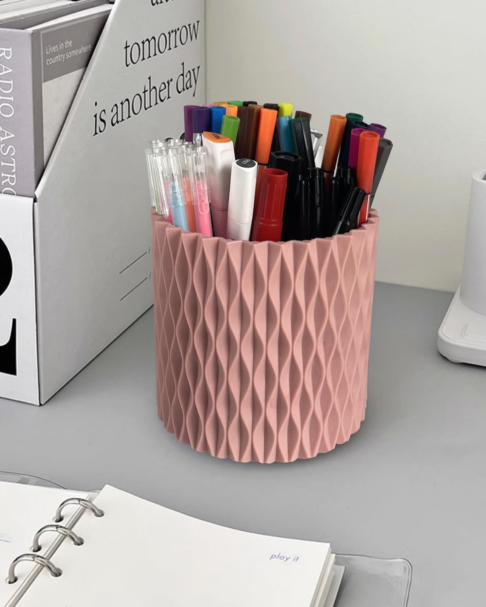 Lebenrich Rotating Pen Holder for Desk, 5 Slots Unique White Desk Organizer Easthetic Desktop Supplies and Accessories for Women Girls, Pencil Cup Caddy for Office Home Art Supply