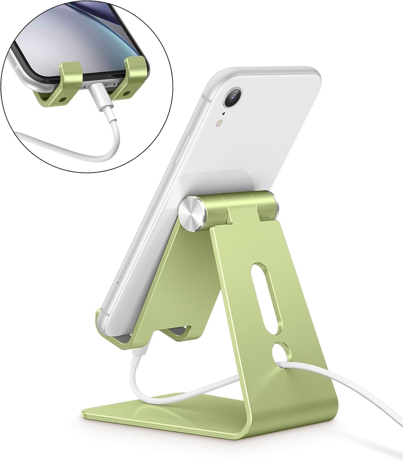 Adjustable Cell Phone Stand, OMOTON Aluminum Desktop Cellphone Stand with Anti-Slip Base and Convenient Charging Port, Fits All Smart Phones, Silver