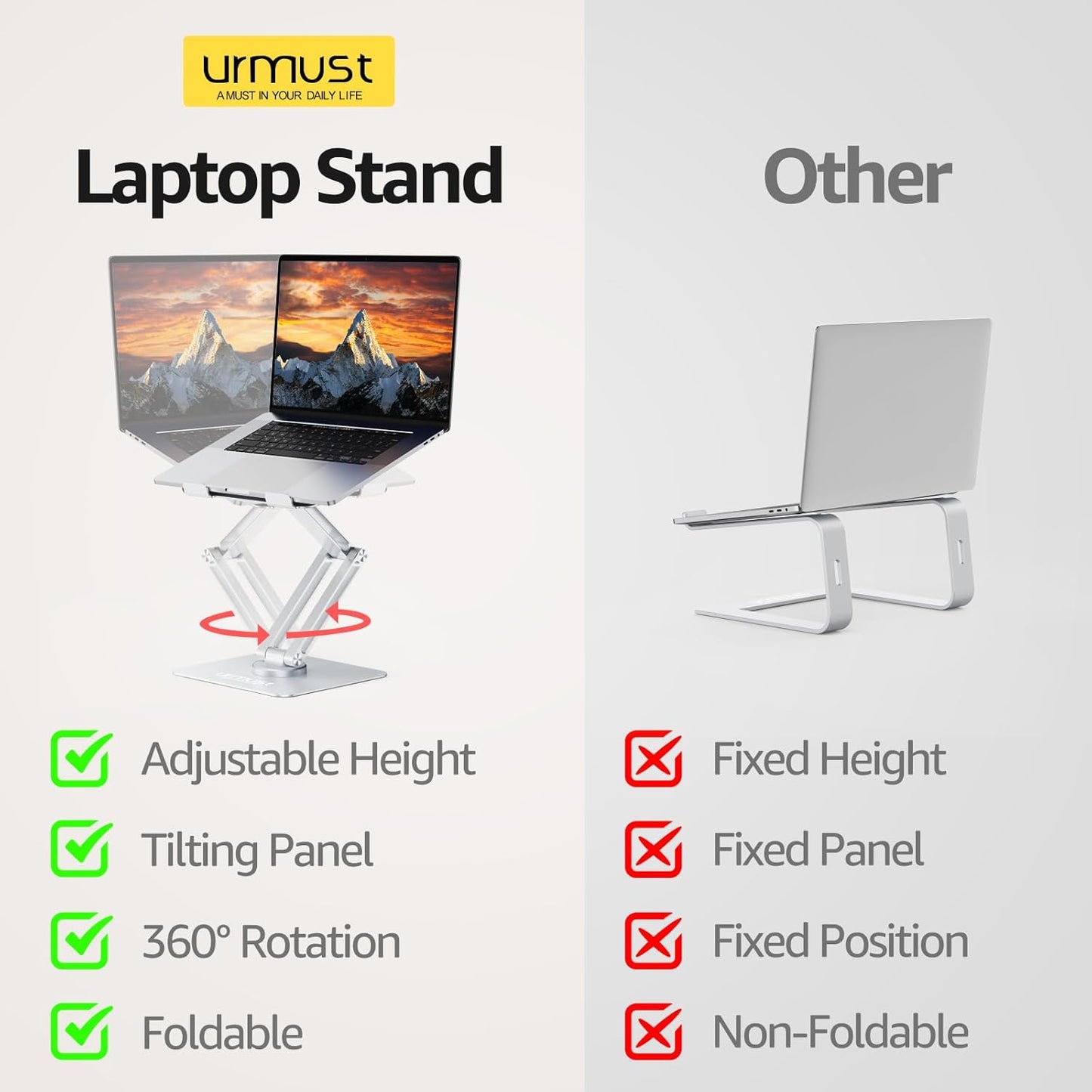 Urmust Adjustable Laptop Stand for Desk Aluminum Computer Stand for Laptop Riser Holder Notebook Stand Compatible with MacBook Air Pro Ultrabook All Laptops 11-17 inch (Black)