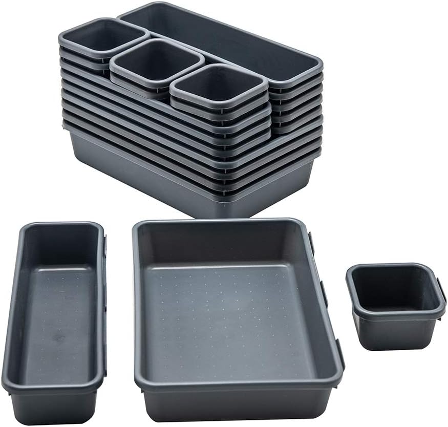 Gonice 13 PCS Drawer Organizer Tray, Interlocking Office Desk Drawer Storage, Black Plastic Organizer Bins for Office Supplies and Tools, Desk Drawer Organizer for Bathroom and Kitchen