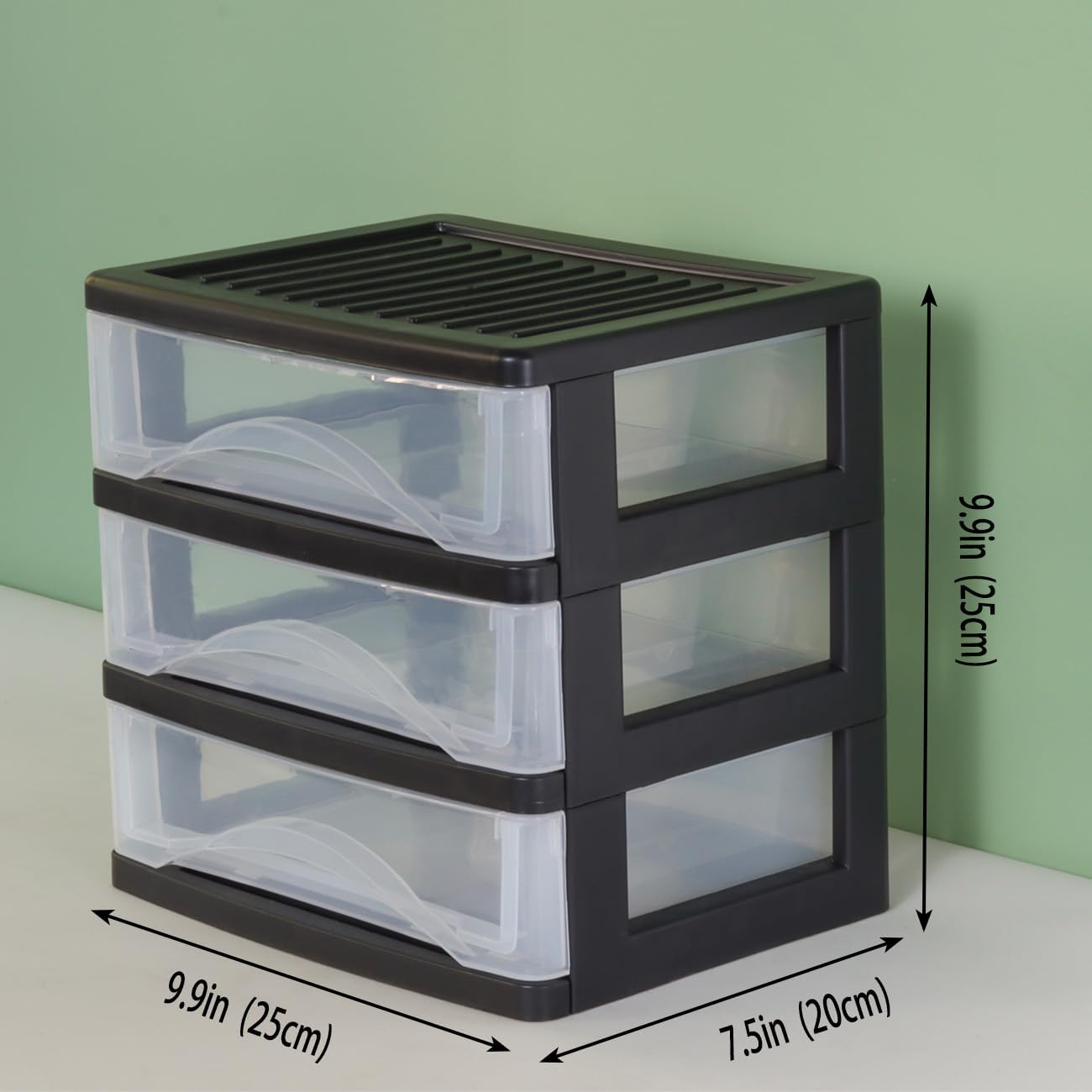 BYCY Medium 3 Drawer Plastic Clear Stacking Desktop Organizer for Office Supplies, Stackable Storage Drawers Storage Bins For Kitchen Cabinets, Pantry, Home Organization (Black, Medium 3Drawer)