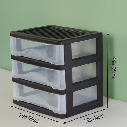 BYCY Medium 3 Drawer Plastic Clear Stacking Desktop Organizer for Office Supplies, Stackable Storage Drawers Storage Bins For Kitchen Cabinets, Pantry, Home Organization (Black, Medium 3Drawer)
