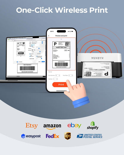 MUNBYN Bluetooth Thermal Label Printer RW403B, Wireless 4x6 Shipping Label Printer for Small Business, Compatible with Android, iPhone, Windows, Mac, Chromebook, Print Width 1.57"-4.25" (Grey)