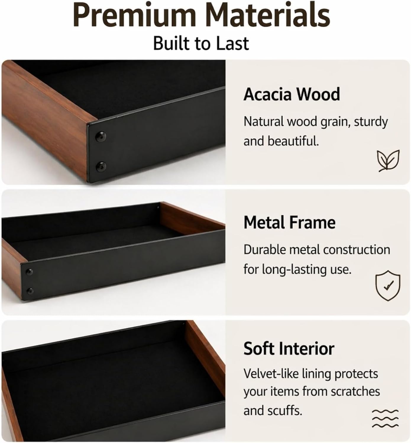 Geelin 2 Pack Desk Drawer Organizer, Valet Tray for Men, Nightstand Tray Acacia Wooden and Metal Entryway Bedside Dump Holder Accessories for Wallets, Keys, Watches, Phones, Loose Change, Trinkets