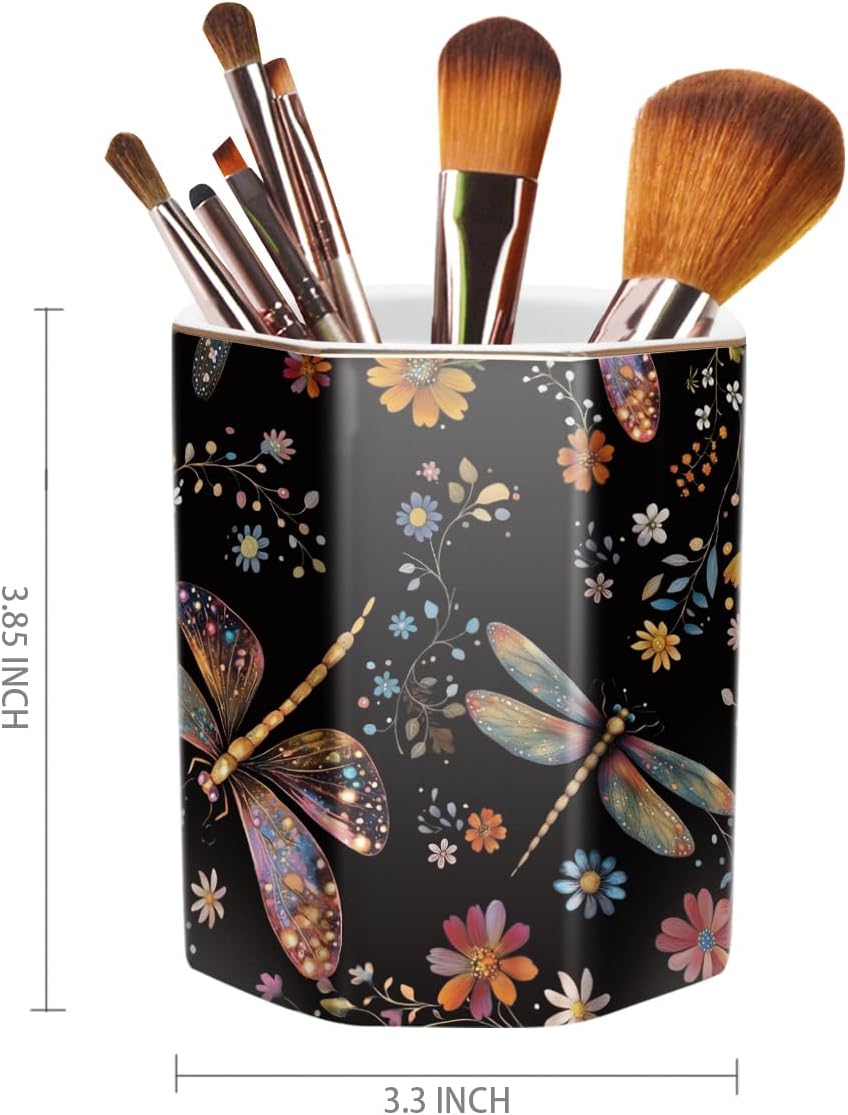 WAVEYU Ceramic Pen Holder for Desk Cute, Pencil Cup Pot Desk Organizer, Makeup Brush Holder for Women, Men, Kids, Desk Marble Decor for Office, Classroom, Home, Gray Golden