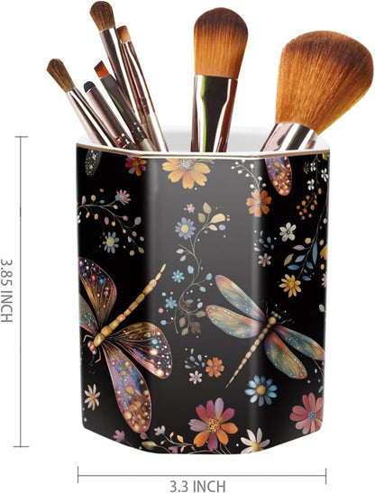 WAVEYU Ceramic Pen Holder for Desk Cute, Pencil Cup Pot Desk Organizer, Makeup Brush Holder for Women, Men, Kids, Desk Marble Decor for Office, Classroom, Home, Gray Golden