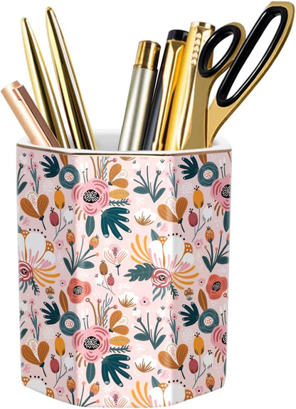 WAVEYU Ceramic Pen Holder for Desk Cute, Pencil Cup Pot Desk Organizer, Makeup Brush Holder for Women, Men, Kids, Desk Marble Decor for Office, Classroom, Home, Gray Golden