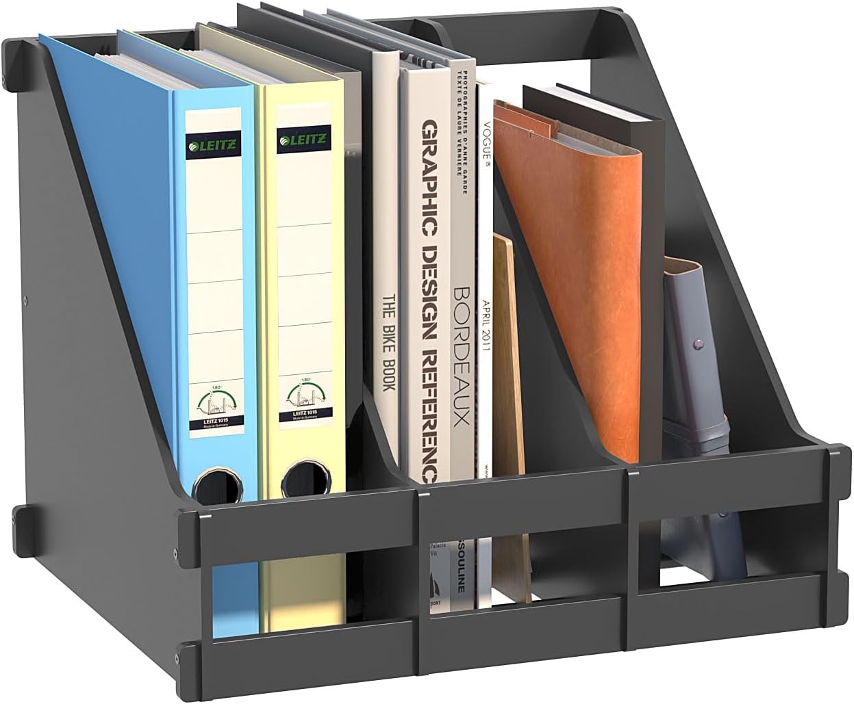 Bamboo Desktop Magazine Holder Desk File Organizer 3 Compartments Vertical File Dividers Book Holder Frames Document Cabinet Rack Storage Organizer Box for Home Office School Black (Black)