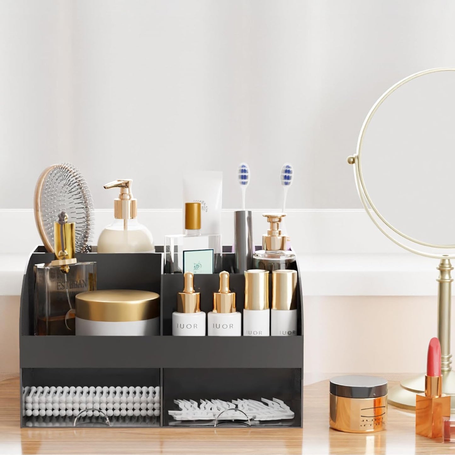 Makeup Organizer with Drawers, Cosmetic Storage for Dresser Vanity and Bathroom Countertop, Beauty Holder for Lipstick Brush, Skincare Organizer for Vanity, Cosmetic Display Case (White)