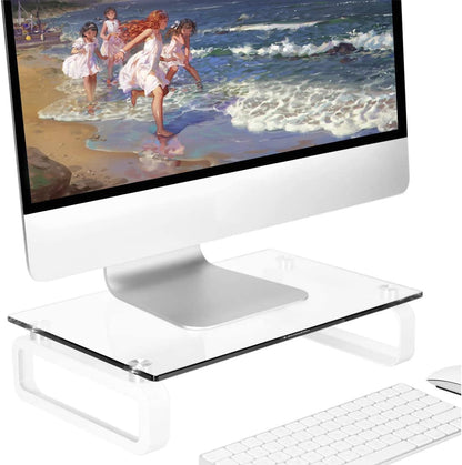 Hemudu Computer Monitor Stand Riser Multi Media Desktop Stand for Flat Screen LCD LED TV, Laptop/Notebook, with Tempered Glass and Metal Legs, Black HD02B-001U