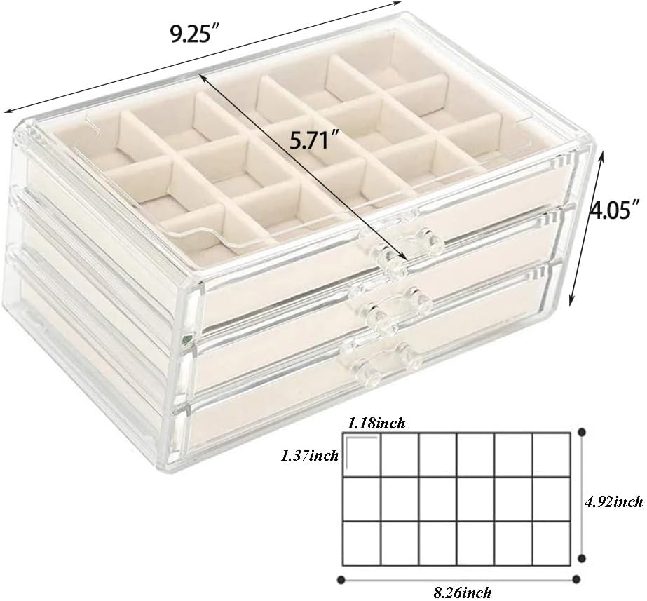 YUFONG Earring Organizer Box Acrylic Jewelry Organizer with 3 Drawers 54 Adjustable Grids Clear Stackable Earring Holder Velvet Trays Ring Display Case for Women Girls (Beige)