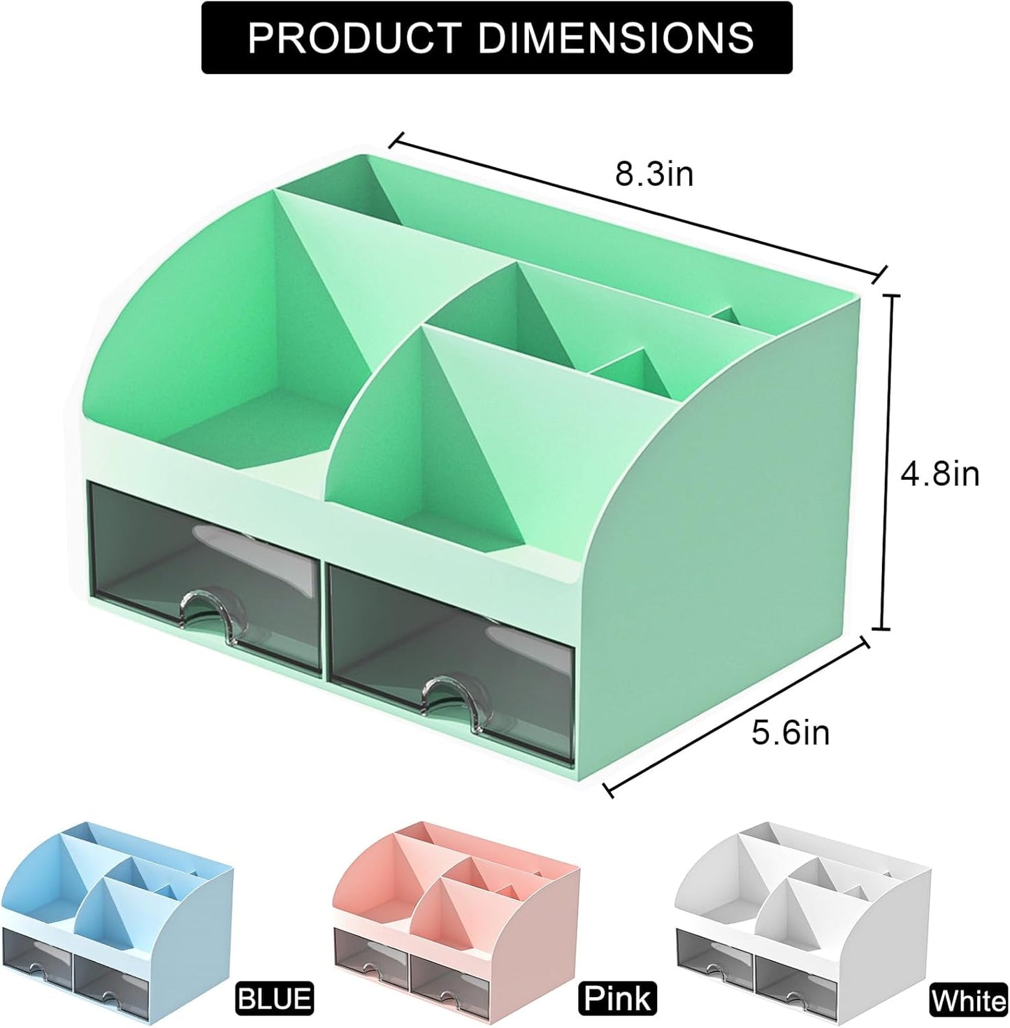 COMFYROOM Desk Organizer with 6 Compartments and 2 Drawers, Plastic Makeup Organizer, Pen Holder for Desktop Storage, Desk Organization for School, Home, Office Supplies (White)