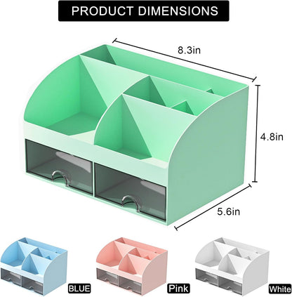 COMFYROOM Desk Organizer with 6 Compartments and 2 Drawers, Plastic Makeup Organizer, Pen Holder for Desktop Storage, Desk Organization for School, Home, Office Supplies (White)