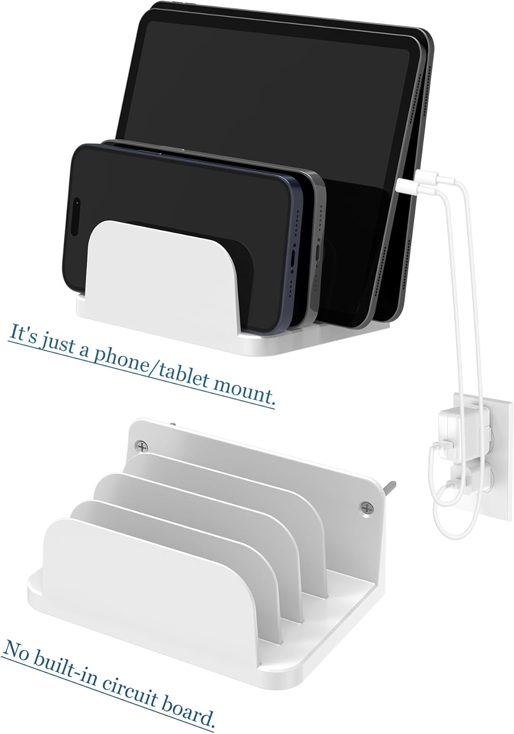 Wall Mount Phone Holder for Smartphones and Tablets, Phone Shelf with 4-Slot Docking Station Compatible with Tablet, ipad, Kindle Wall Charging Organizer (Black)