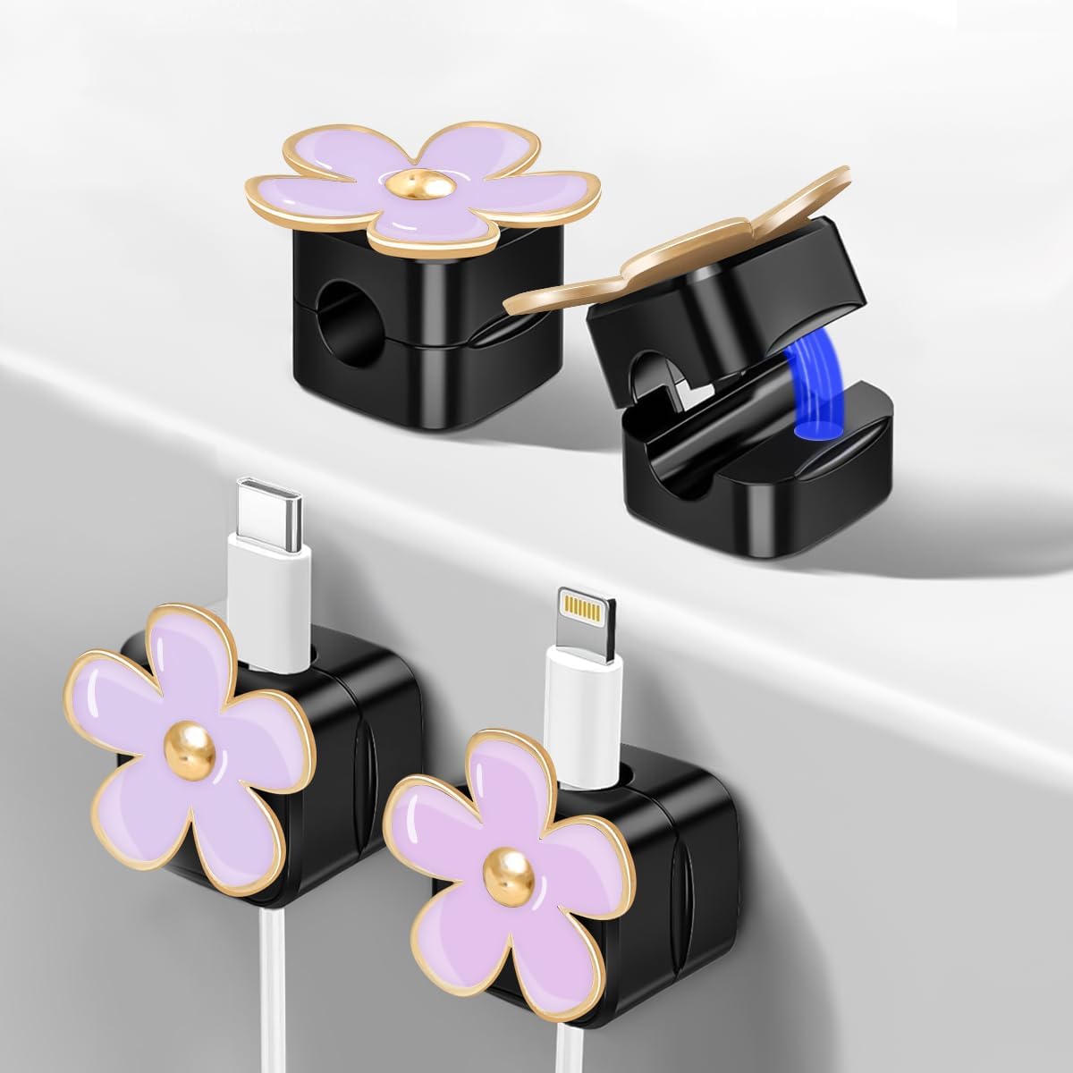 Magnetic Cord Organizer, Easy Secure Adhesive Cable Management, Wire Holder Organizer, Hide Or Organize Phone USB Charger Cable Clips for Home,Office,Car,Desk,Nightstand (White Flower-8 Pack)