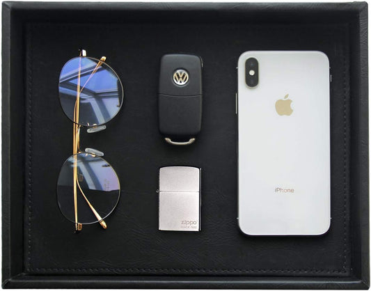 Vixdonos Valet Tray Nightstand Organizer Leather Catchall Tray for Perfume,Jewelry,Key and Remote on Counter or Dresser(Black)