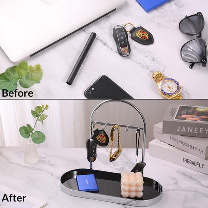 Shinpuru Metal Jewelry Organizer Stand & Key Holder Tray with Acrylic Base, Key Stand and Jewelry Tray with 5 Hooks, Perfect Key Bowl, Valet Key Tray, Ring Holder, Jewelry Dish (Silver Black)