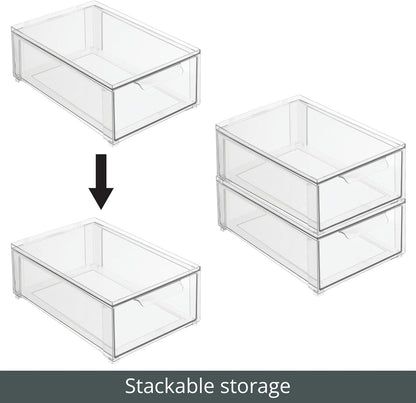 mDesign Plastic Stackable Closet Storage Organizer Bin Containers with Front Pull Drawer for Cabinet, Desk, Shelf, Cupboard, or Dresser Organization - Lumiere Collection - Clear