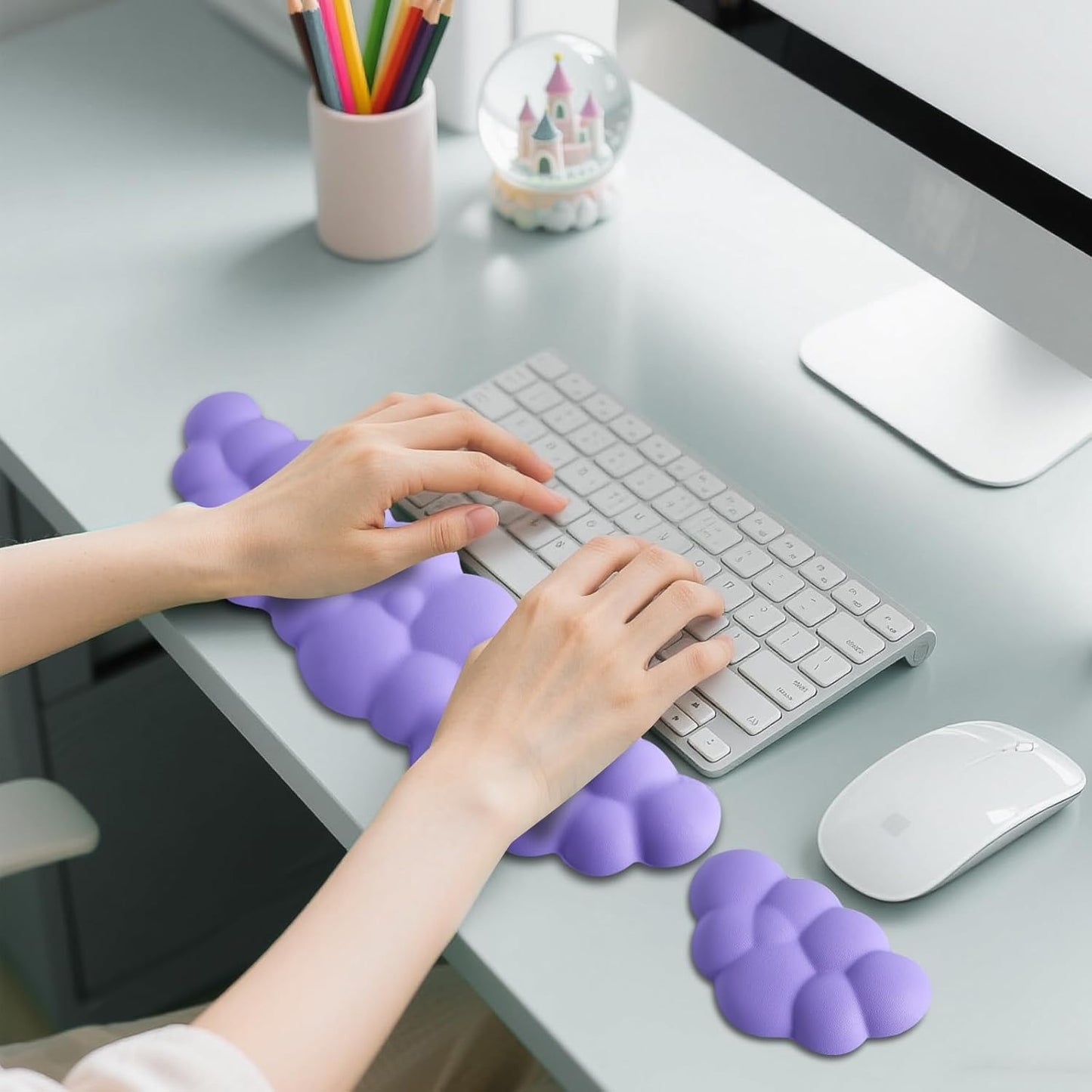 Keyboard Wrist Rest Mouse Wrist Support Set, Cloud Keybroad Wrist Rest Pad with Non-Slip PU Base, Memory Foam Wrist Rest for Pain Relief Computer Laptop Gaming Home Office, White