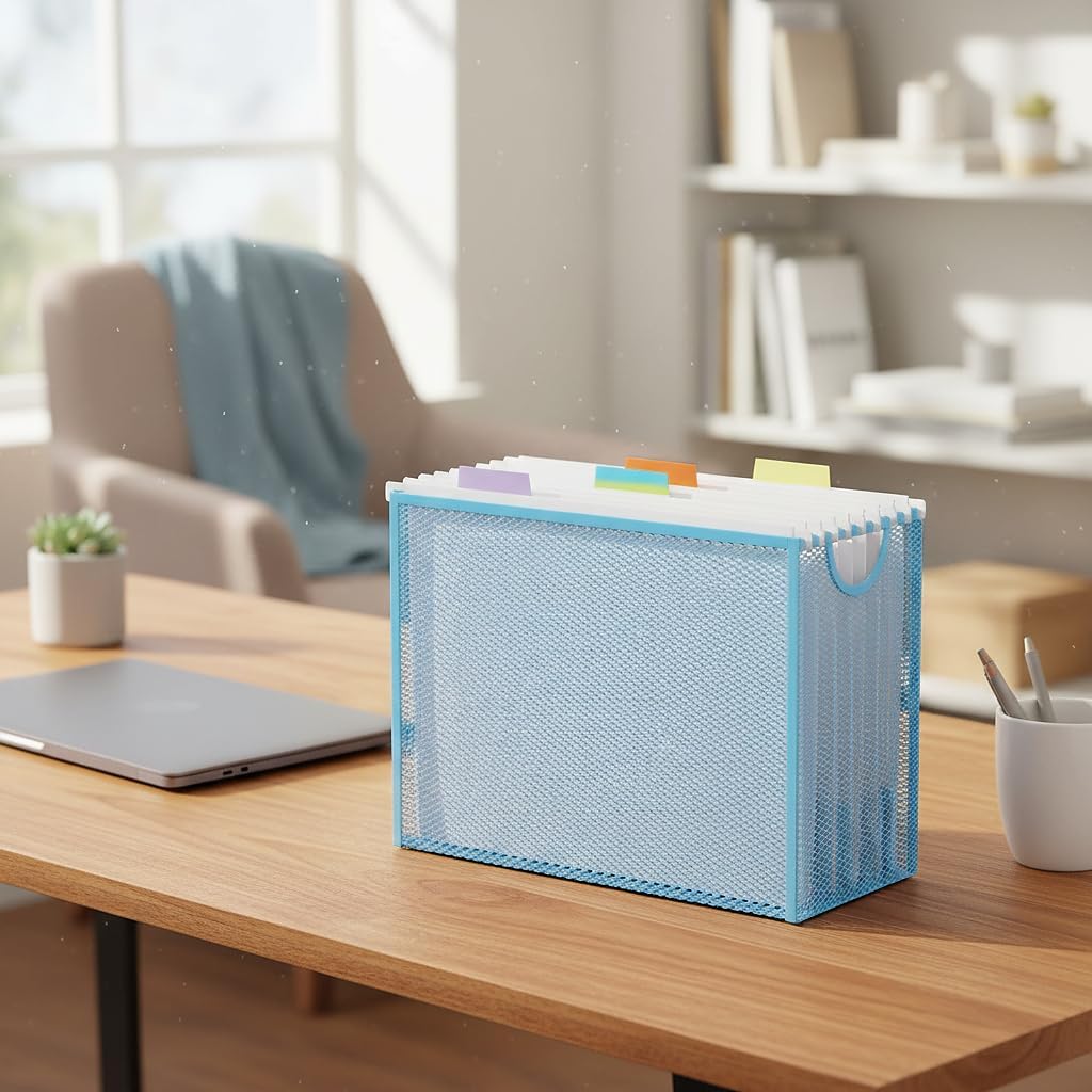 Hanging File Organizer, Letter-Size File Holder Filing Box with 5 Hanging Folders, Metal Mesh Desk File Folder Storage(No Assembly Required) (with 5 Grey Folders)