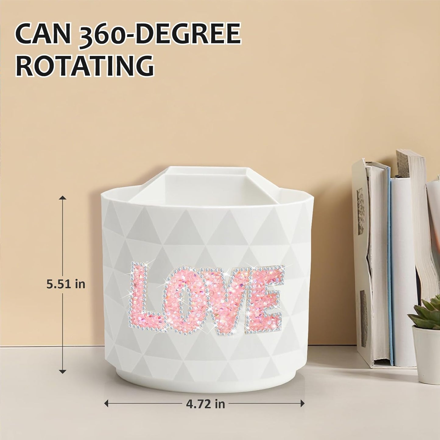 Desk Organizer, 360-Degree Rotating Pencil Pen Holders For Desk, Diamond Pattern Pen Organizer With 5 Compartments, Cute Desk Accessories Decor For Office, School,Home,Art Supply (Pink)