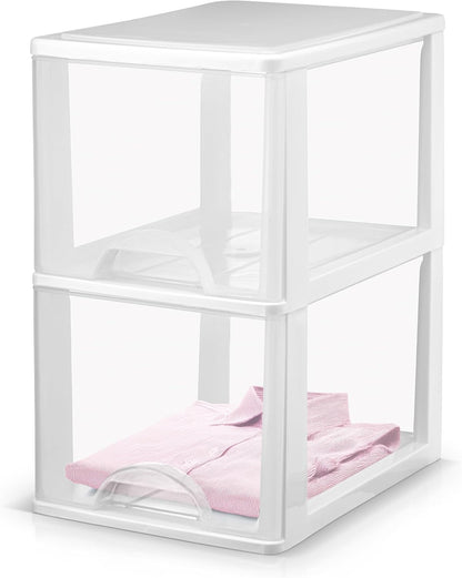 Plastic Small 2-Drawer Storage Organizer, Slim Narrow, White/Clear Crafts Drawers Storage Organizer (13"H x 10"D x 7"W)