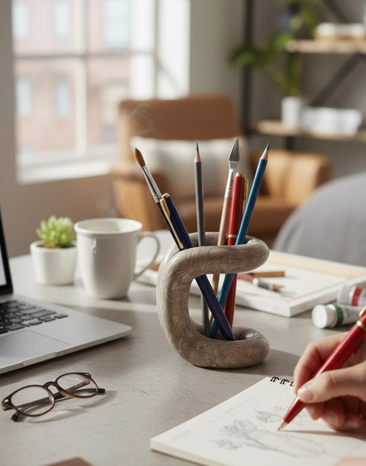 Marble Pen Holder for Desk 4 Inch White Pencil Holder for Desk Accessories & Workspace Organizers - Stone Stationary Holders for Office Decor - Pen Organizer for Gifts