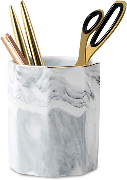 WAVEYU Ceramic Pen Holder for Desk Cute, Pencil Cup Pot Desk Organizer, Makeup Brush Holder for Women, Men, Kids, Desk Marble Decor for Office, Classroom, Home, Gray Golden