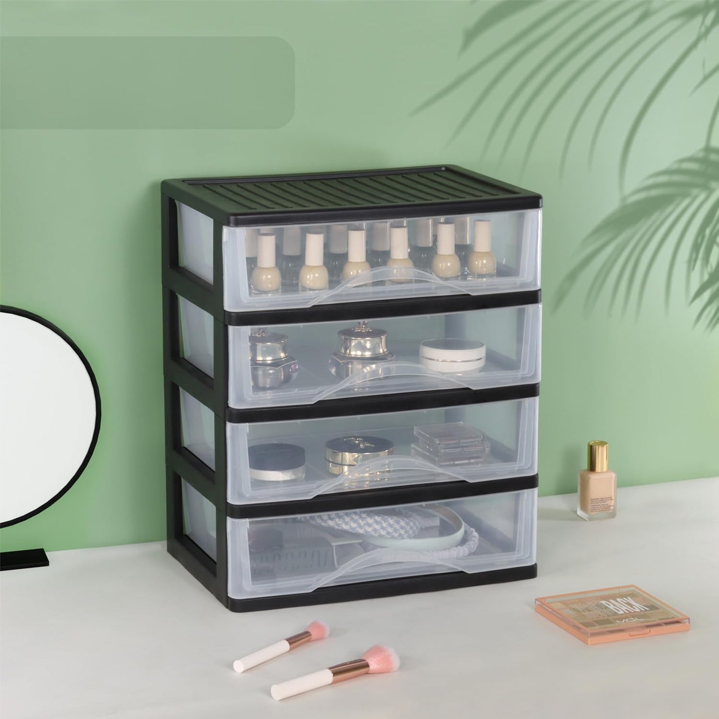 BYCY Medium 3 Drawer Plastic Clear Stacking Desktop Organizer for Office Supplies, Stackable Storage Drawers Storage Bins For Kitchen Cabinets, Pantry, Home Organization (Black, Medium 3Drawer)