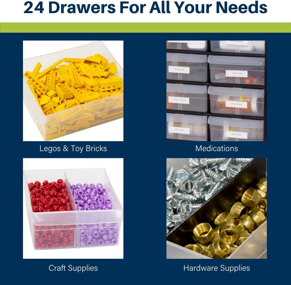 Akro-Mils 24-Drawer Plastic Drawer Storage Cabinet for Garage Organization, Bead Organizer, Building Bricks Storage, Teacher Toolbox, Makeup Organizer, 20" W x 6" D x 16" H, 10124 Black