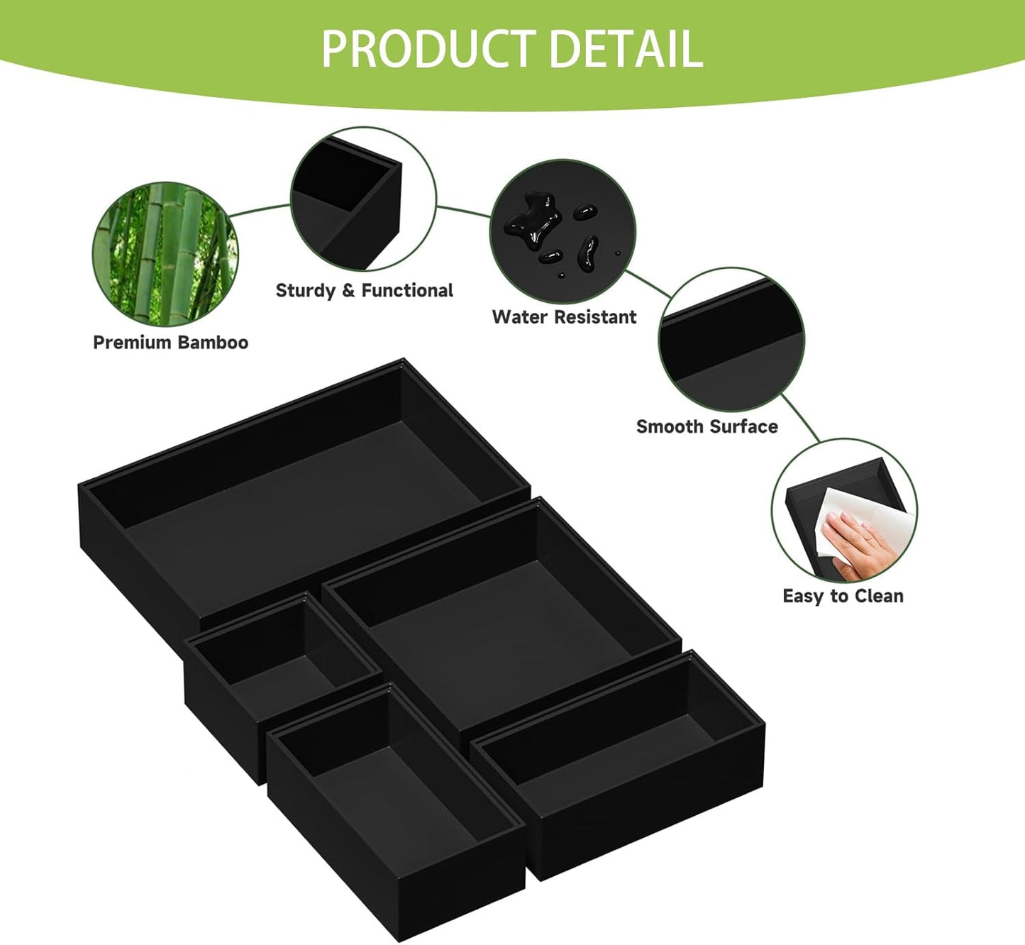 Bathroom Drawer Organizer Trays, Bamboo Drawer Organizer Kitchen Utensils Silverware Organizer, 8 PCS Wood Box Stackable Bins for Makeup, Office Desk, Junk Drawer (Black)