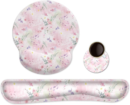 Ergonomic Keyboard Mouse Pad Wrist Rest Support Set for Laptop/Computer/Desktop,Memory Foam Hand Rest Wrist Cushion for Gaming/Office,Lightweight Comfortable & Pain Relief (Flowers)