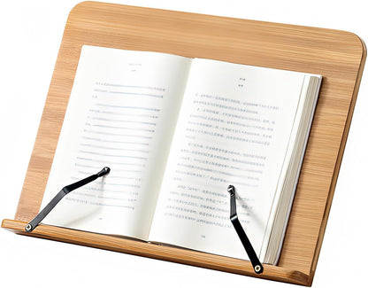 Bamboo Book Stand with Page Clips - Adjustable Holder for Cookbooks/Textbooks, Stable Lightweight Portable Reading Desk (Natural Bamboo)