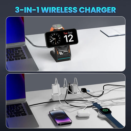 Charging Station for iPhone and Apple Watch: 3 in 1 Wireless Phone Charger Stand for iPhone 17 16 15 14 13 12 11 Pro Max & AirPods, Bedside Nightstand Docking