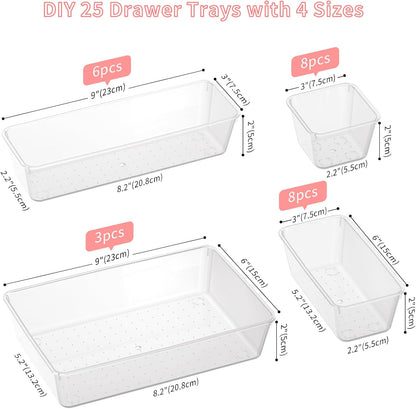 25 PCS Plastic Drawer Organizer Set, 4-size Clear Bathroom and Vanity Desk Drawer Organizer Trays, Non-Slip Versatile Storage Bins for Makeup Jewelry Office Kitchen Gadgets
