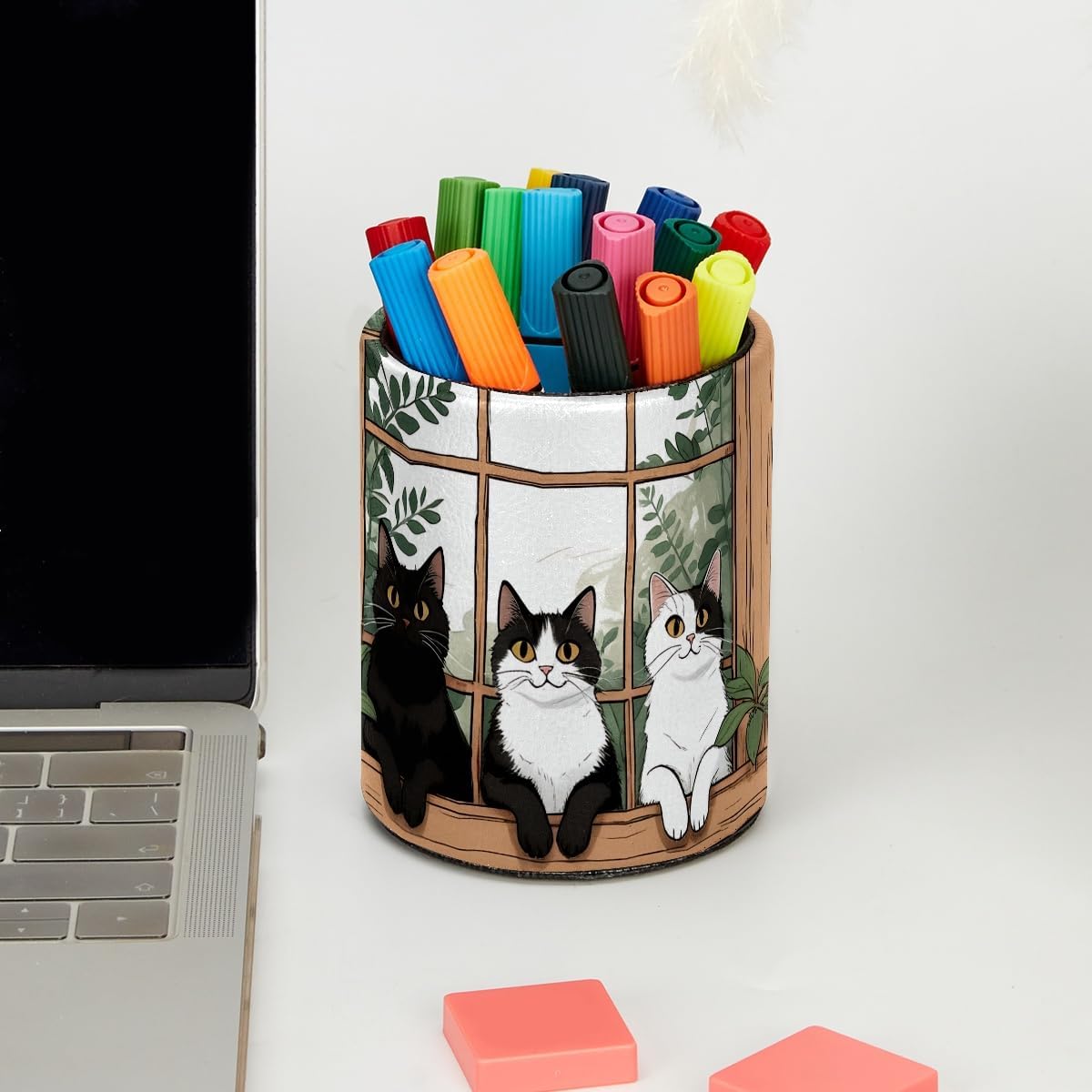 Leather Pen Holder for Desk, Love Cherry Pencil Organizer Pencil Cup Desk Decor Makeup Brush Holder Multifunctional Office Supplies for Home,Office, School