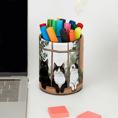 Leather Pen Holder for Desk, Love Cherry Pencil Organizer Pencil Cup Desk Decor Makeup Brush Holder Multifunctional Office Supplies for Home,Office, School