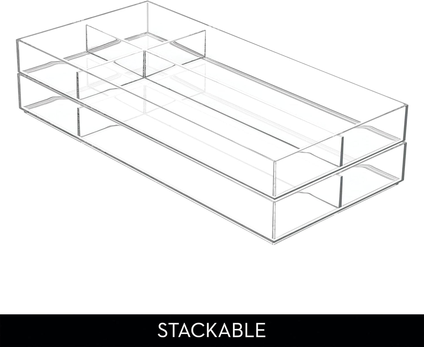 iDesign Clarity Plastic Divided Drawer Organizer, Storage Container for Vanity, Bathroom, Kitchen Drawers, 8" x 16" x 2", Clear,40850