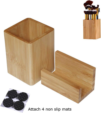 Enyuwlcm Bamboo Wooden Pen Holder Cup and Desk Business Card Holder Stand for Office Home School 2 Packs