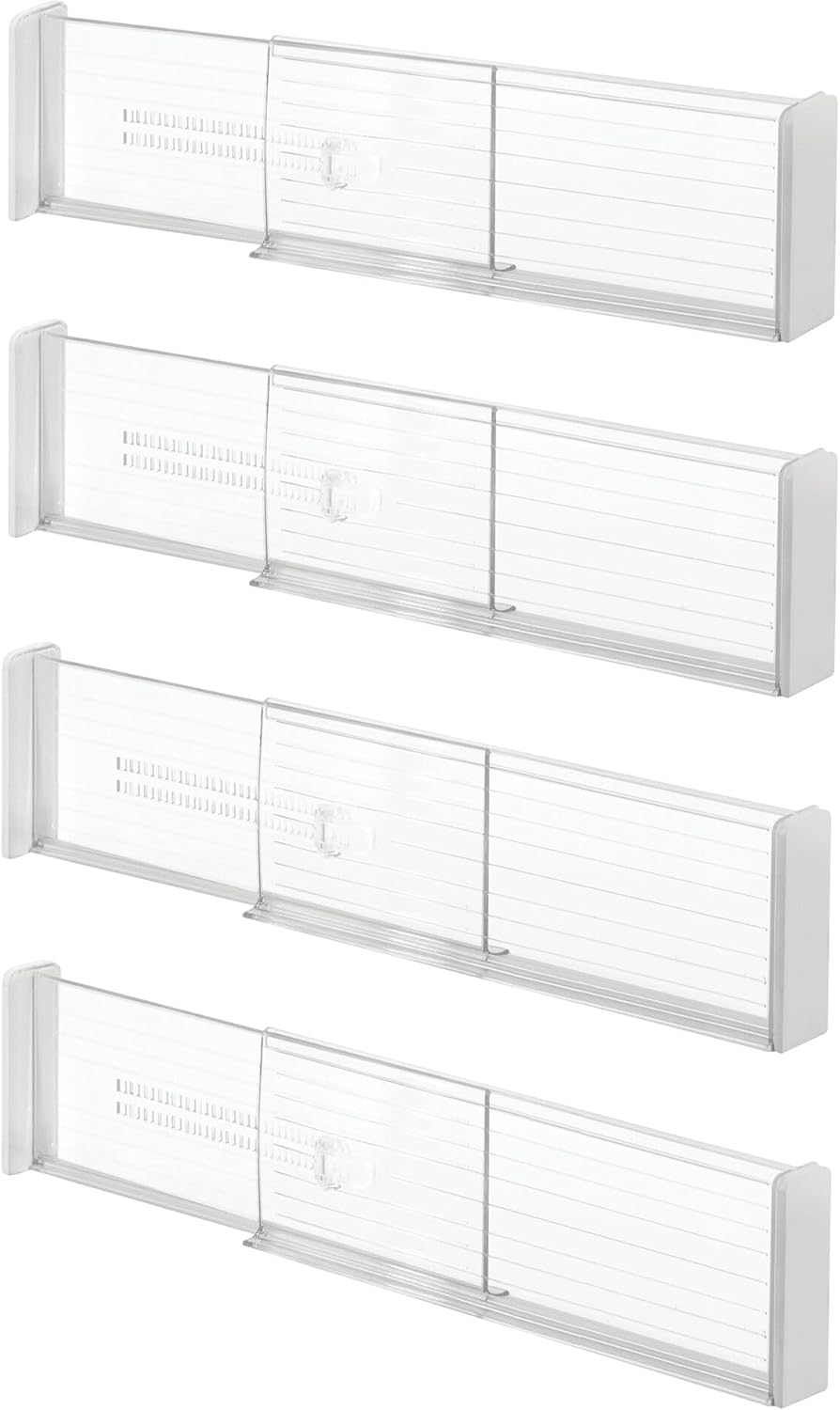 iDesign Plastic Adjustable Deep Drawer Divider, Kitchen, Dresser, Desk, Bathroom and More, The Linus Collection – Set of 2, Expandable 13.25” – 20.75”, Clear