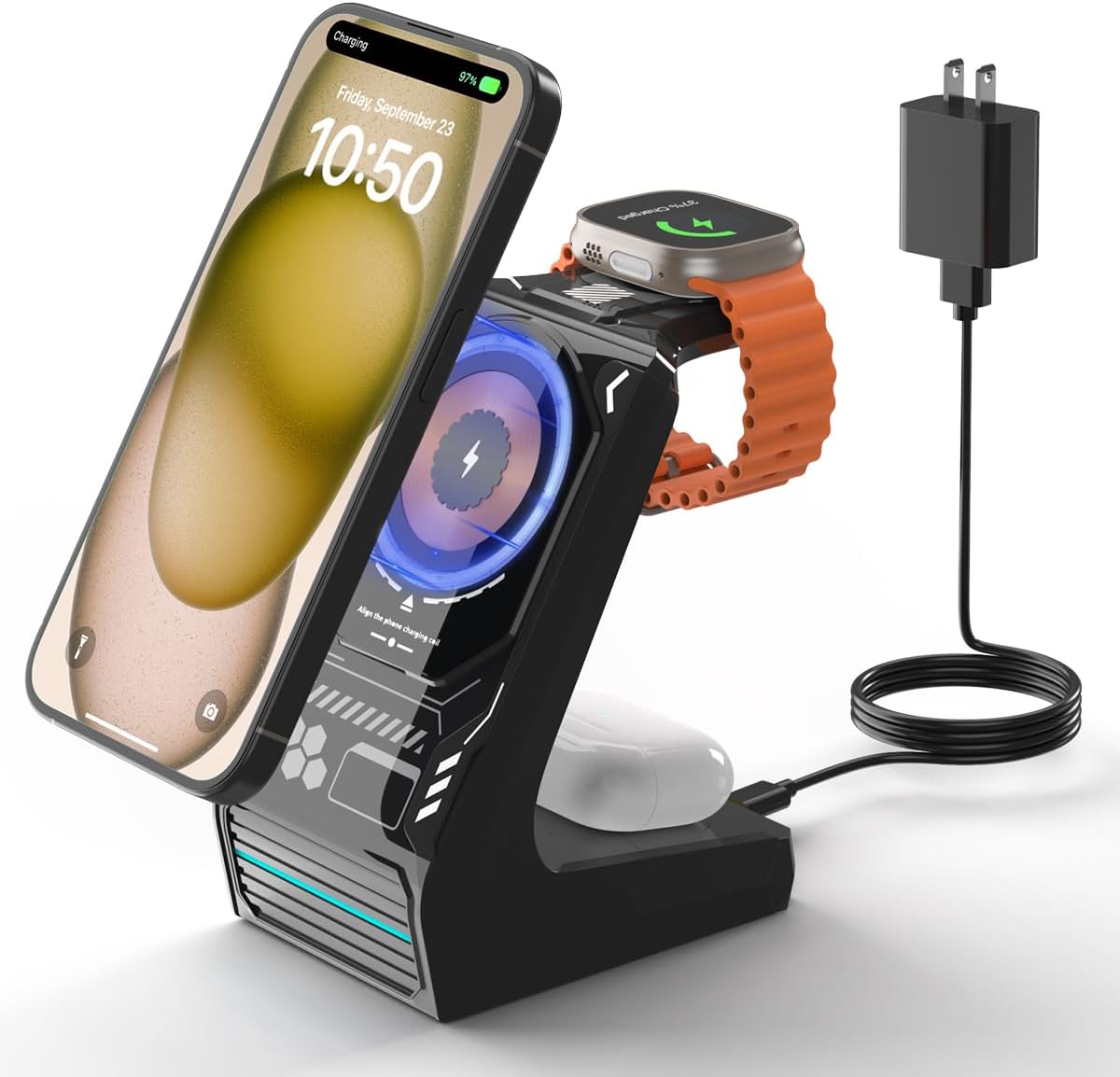 Charging Station for iPhone and Apple Watch: 3 in 1 Wireless Phone Charger Stand for iPhone 17 16 15 14 13 12 11 Pro Max & AirPods, Bedside Nightstand Docking
