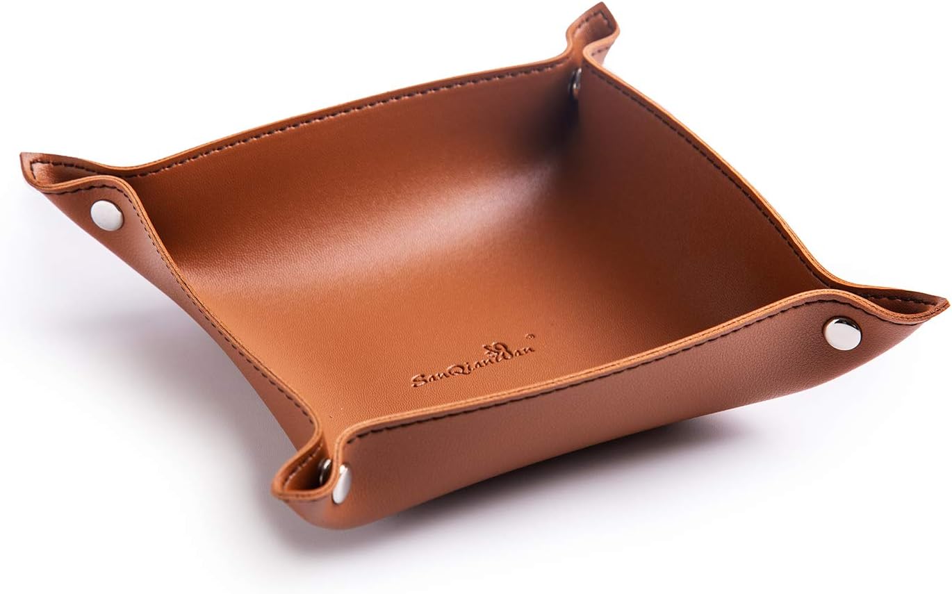 SANQIANWAN Leather Jewelry Valet Tray for Women and Man, Entryway Table Bedside Nightstand Desk Portable Small Catchall Travel Dish Plate for Key,Wallet,Watch,Phone,Coin(Pink-B)