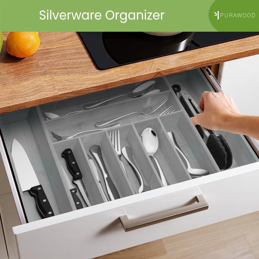 Purawood Kitchen Drawer Organizer - Expandable Utensil Drawer Organizer for Kitchen, Cutlery Tray & Silverware Organizer, 3-5 Slots - Bamboo Organizer for Utensils & Flatware (Natural)
