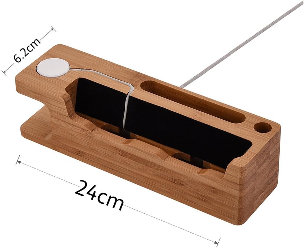 MOOZO Bamboo Wood Desktop Charging Dock Station Charger Holder Cradle Stand Compatible iPhone 16 15 14 13 12 11 Pro Max Apple Watch 2 3 4 / iWatch Samsung Galaxy S8 S7 S6 Edge Plus LG HTC Smartphones