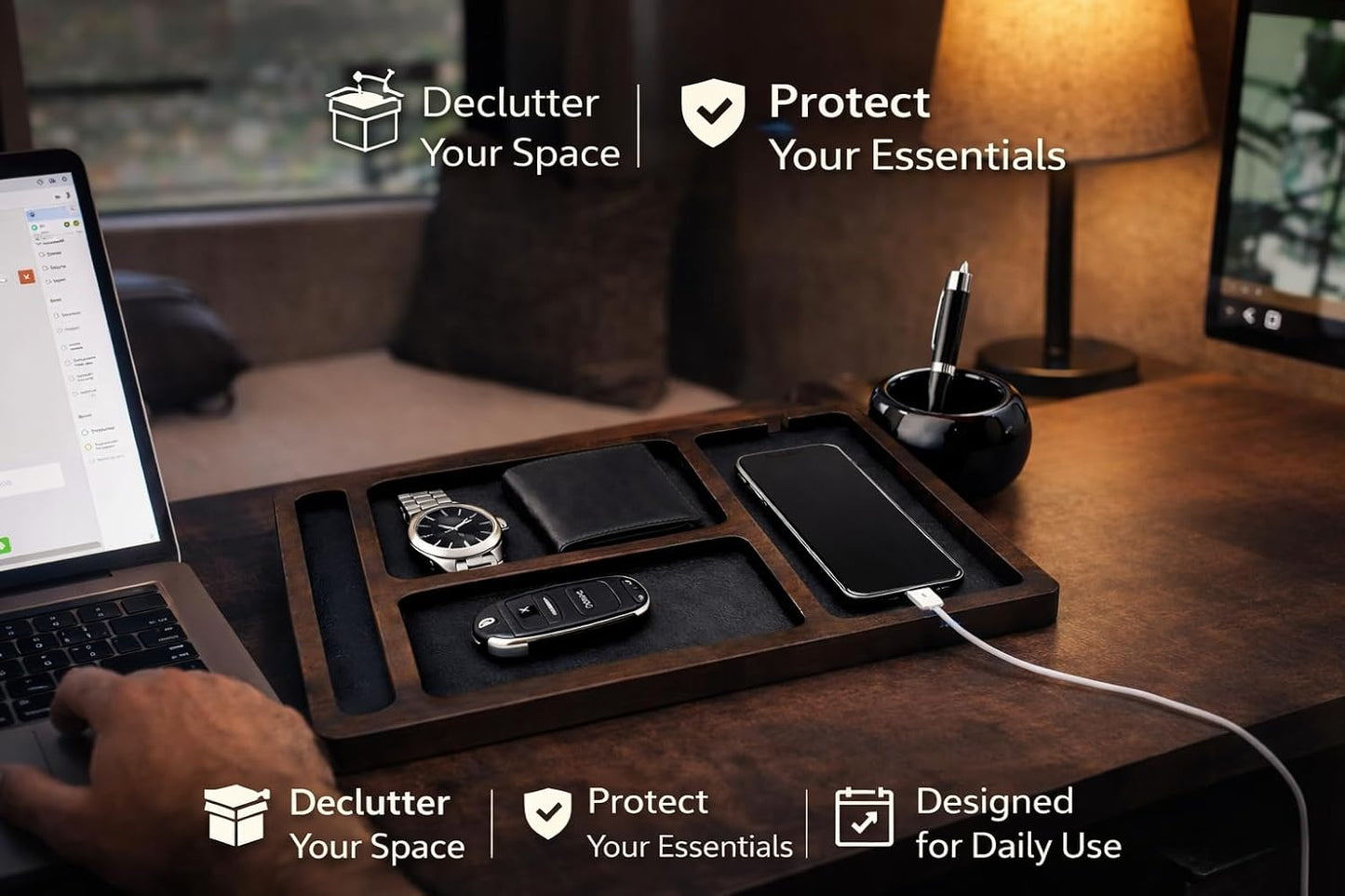 Desk Organizer Tray for Men with Ceramic Pen Holder, Wooden Valet Tray, Minimalist EDC Desk Organizer for Phone, Wallet, & Keys, Nightstand Bedside, Entryway, Birthday Gift for Men, Dad, Husband