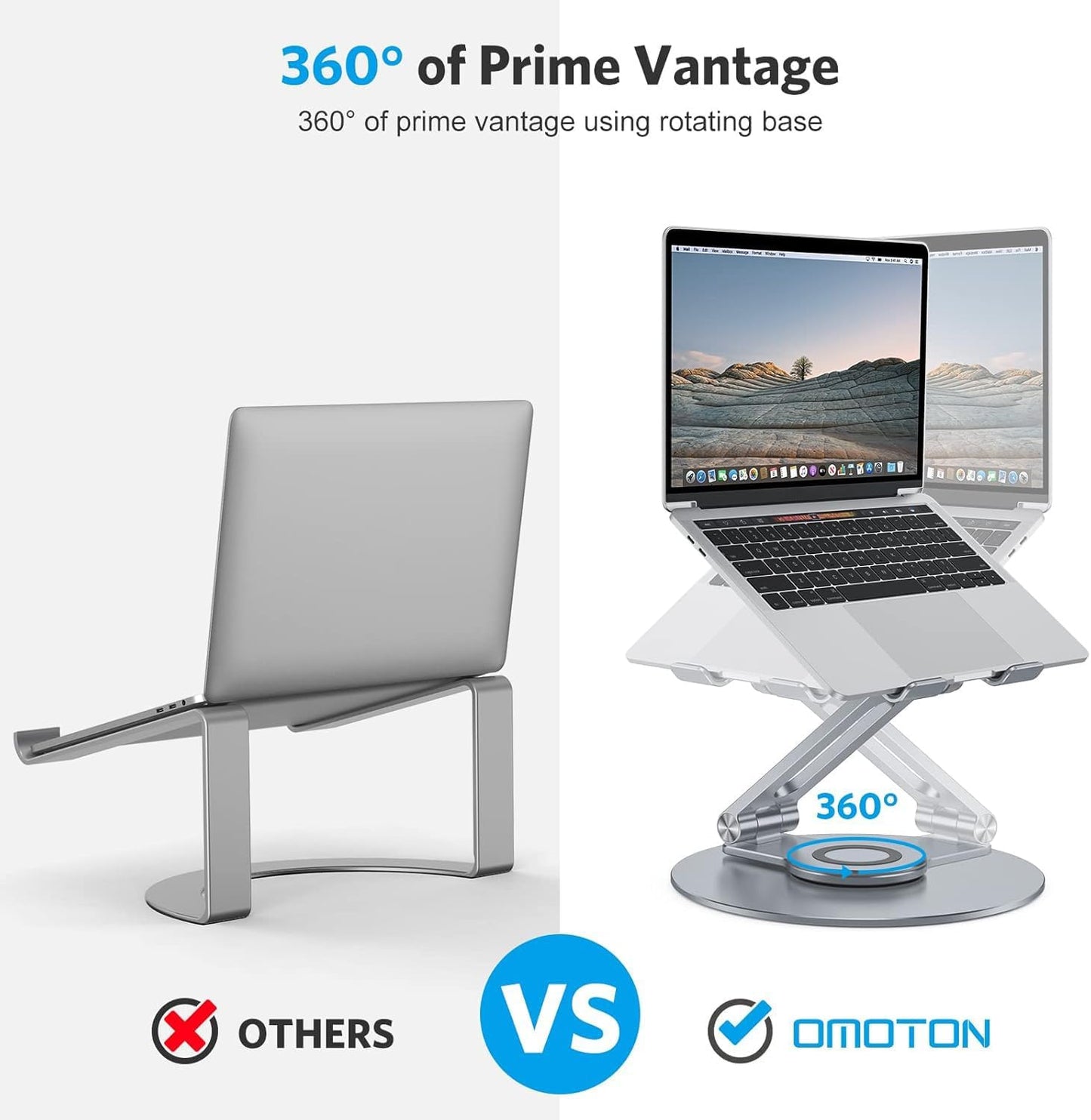OMOTON Adjustable Laptop Stand with 360 Rotating Base, Ergonomic Laptop Riser for Collaborative Work, Dual Rotary Shaft Fully Foldable for Easy Storage, Fits All Laptops up to 16 inches, Silver