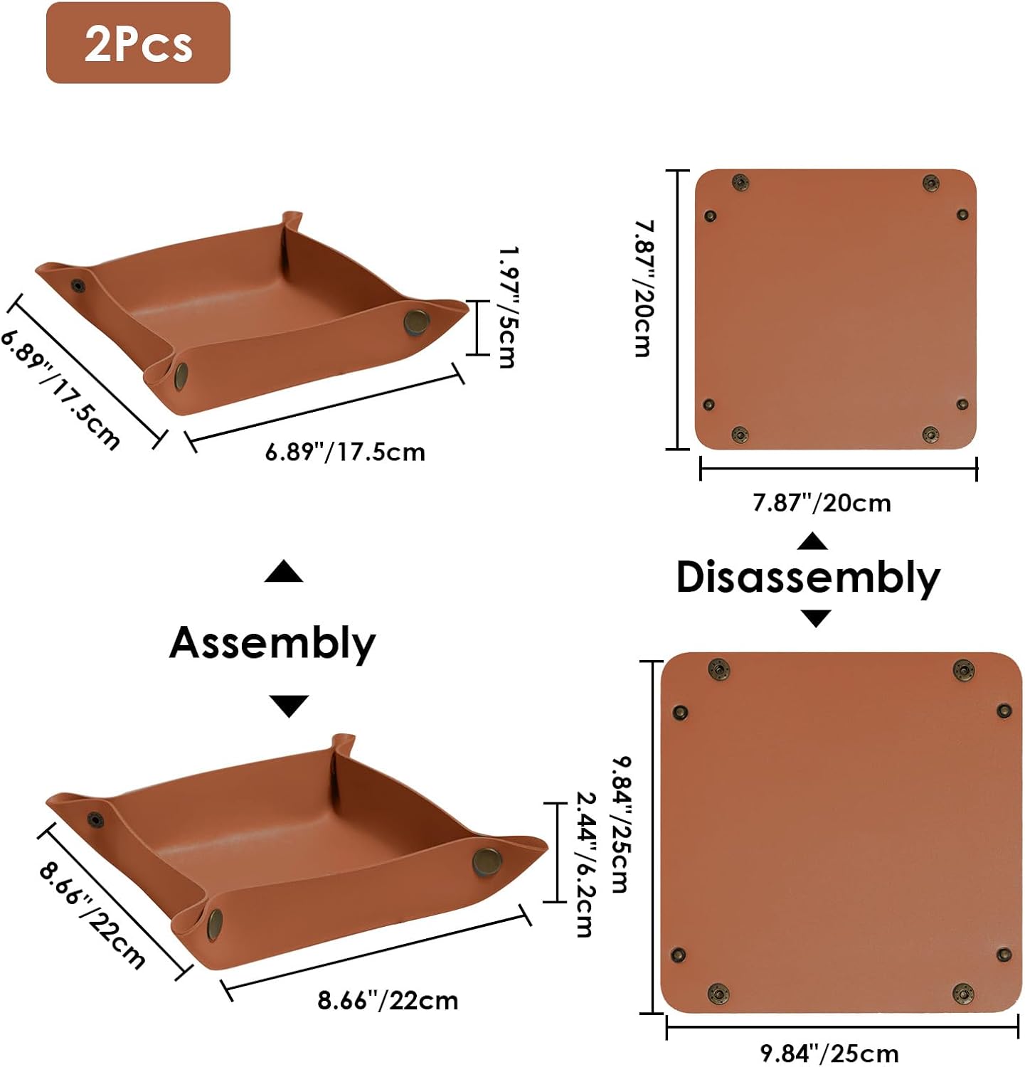 2 Pack (Size:9.84"&7.87") PU Leather Jewelry Valet Tray,Portable Entryway Table Nightstand Desk Tray Catchall Travel Plate Organizer for Phone, Keys, Wallet, Watch,Coin (Black)