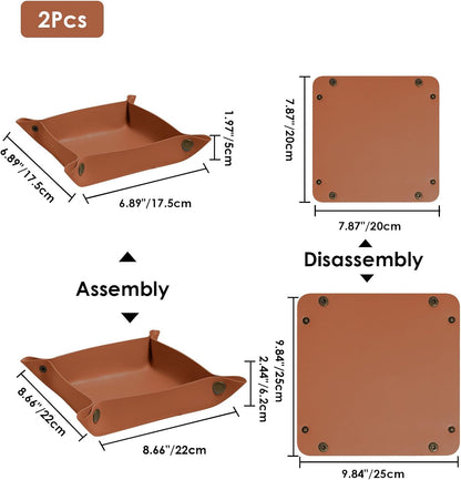2 Pack (Size:9.84"&7.87") PU Leather Jewelry Valet Tray,Portable Entryway Table Nightstand Desk Tray Catchall Travel Plate Organizer for Phone, Keys, Wallet, Watch,Coin (Black)